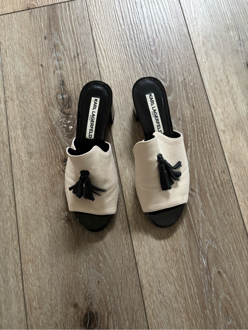 Karl Lagerfeld Cream Slide Heels with Black Tassels